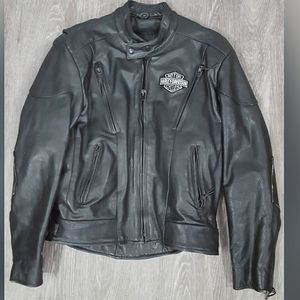 Vintage leather biker jacket with Harley patches